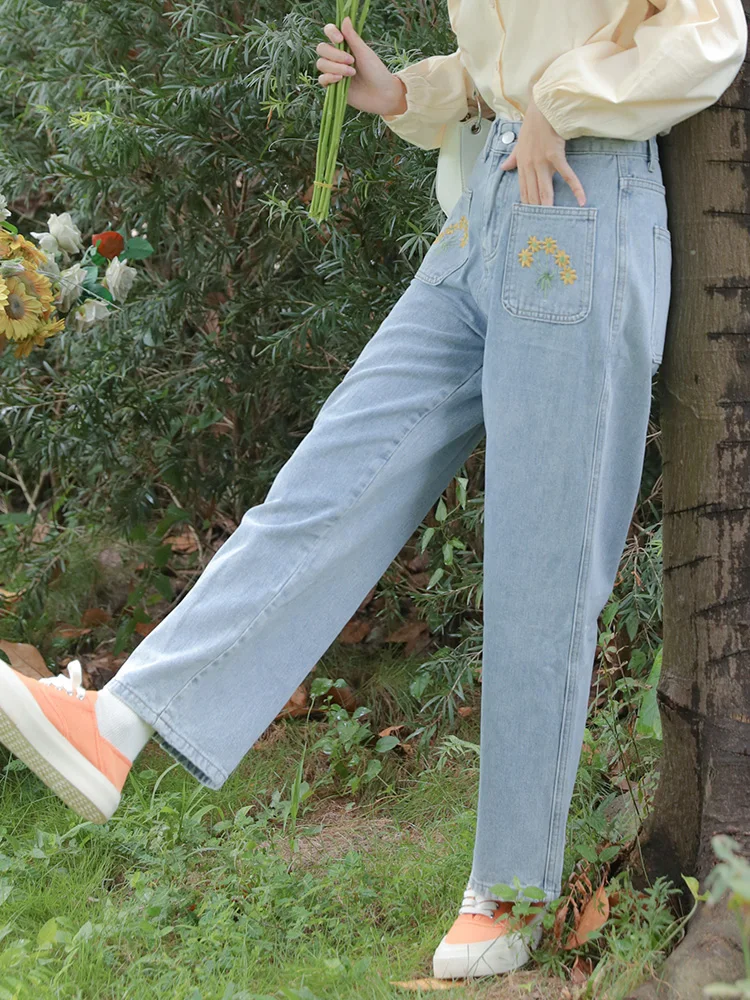 Vintage bestickte Jeans mit hoher Taille Frauen Frühling Harajuku Mode schlanke weite Bein Baggy Jeans hose koreanische lässige weibliche Hose