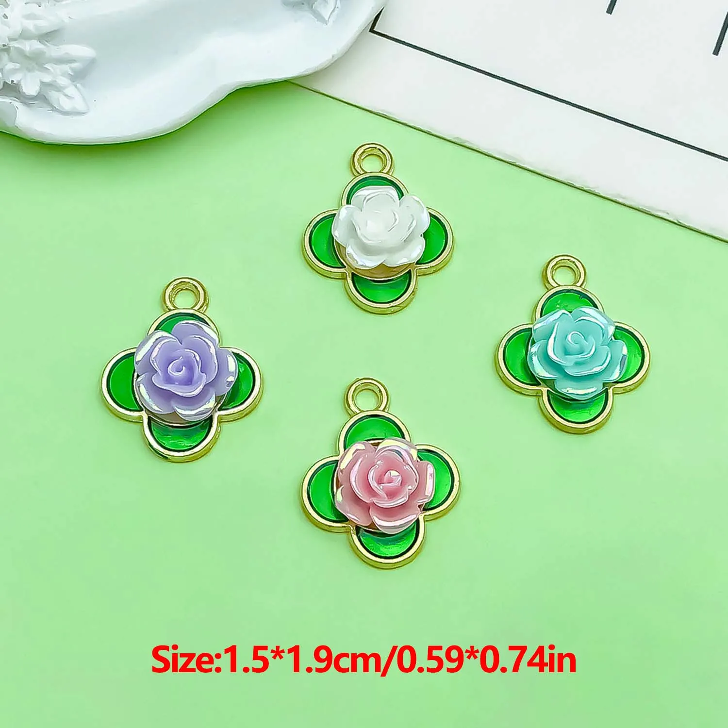 10pcs 15x19mm Enamel Four-leaf Clover Charms Flowers Pendants, for DIY Bracelets Necklaces Earrings Jewelry Making Accessories