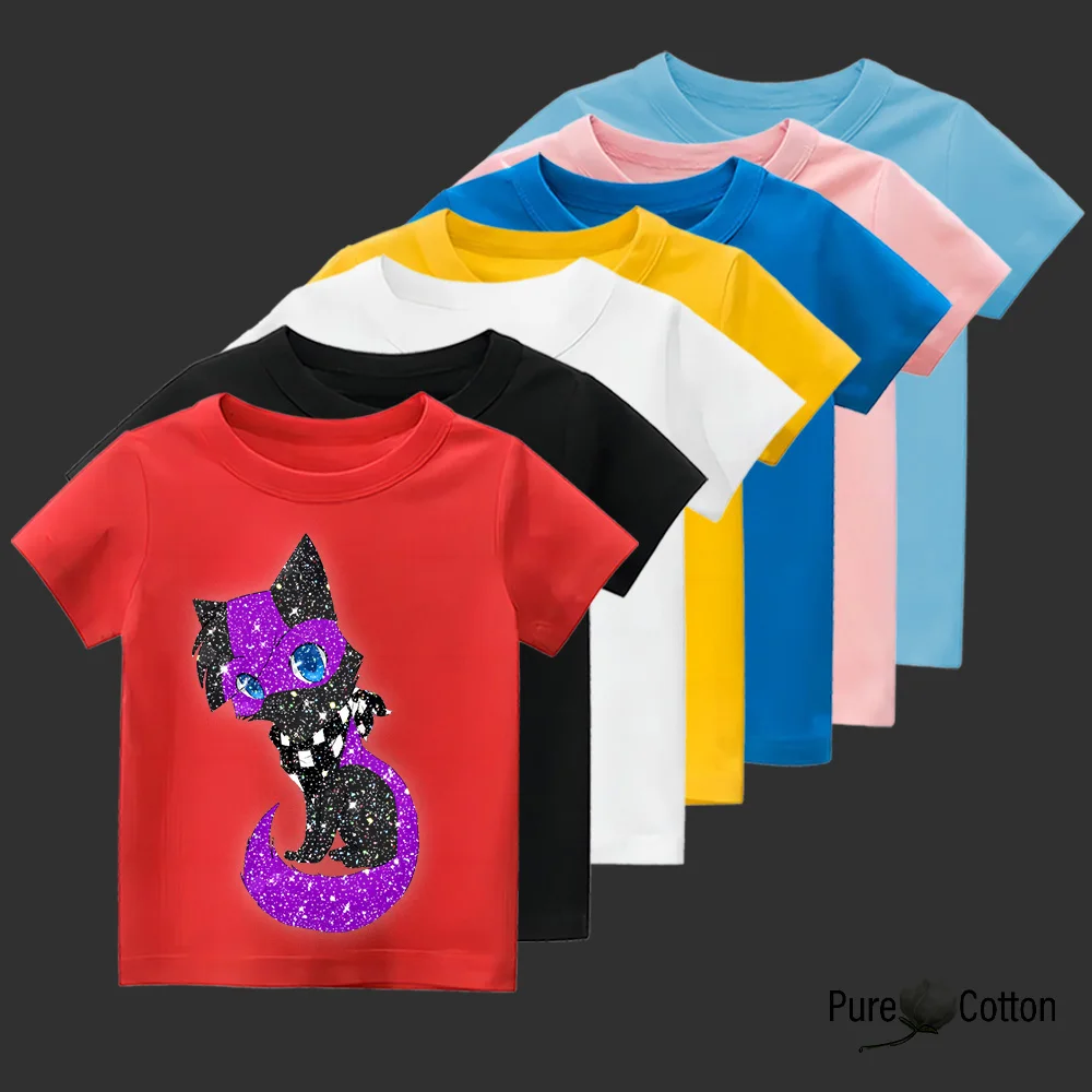 Children's pure cotton t-shirt, magical kitten, cute cartoon, fashionable, seasonal, colorful, colorful, loose, comfortable