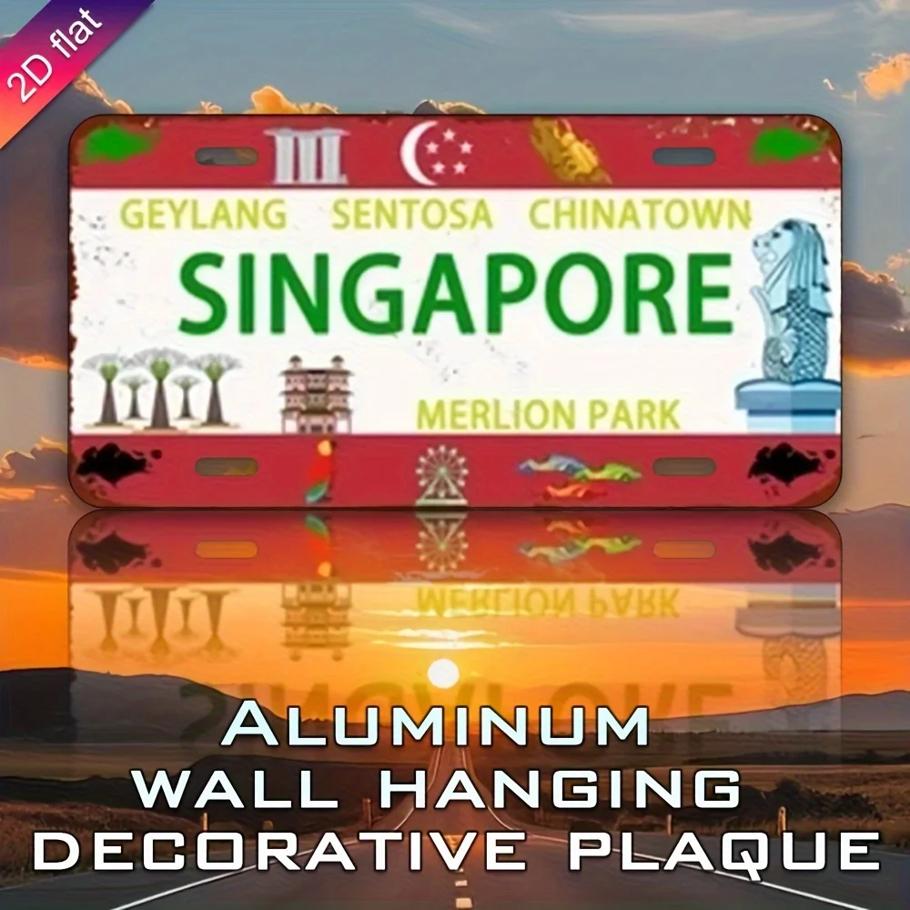 ، طائرة، لوحة ترخيص من الألومنيوم القديم - لوحة زخرفية مطبوعة بالأشعة فوق البنفسجية على شكل سنغافورة، تتميز بالأسد والتاون الصيني