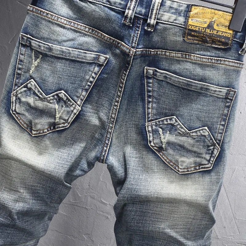 

Y2Kdesigner fashionable and high-quality Y2Knew men's jeans, washed, nostalgic, stretchy, slim fit, embroidered, retro blue je