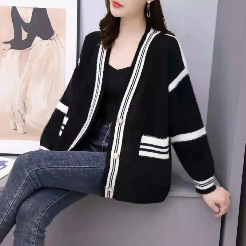 New Spring and Autumn Idle Style Faux Mink Velvet Cardigan Women's Loose Sweater Coat