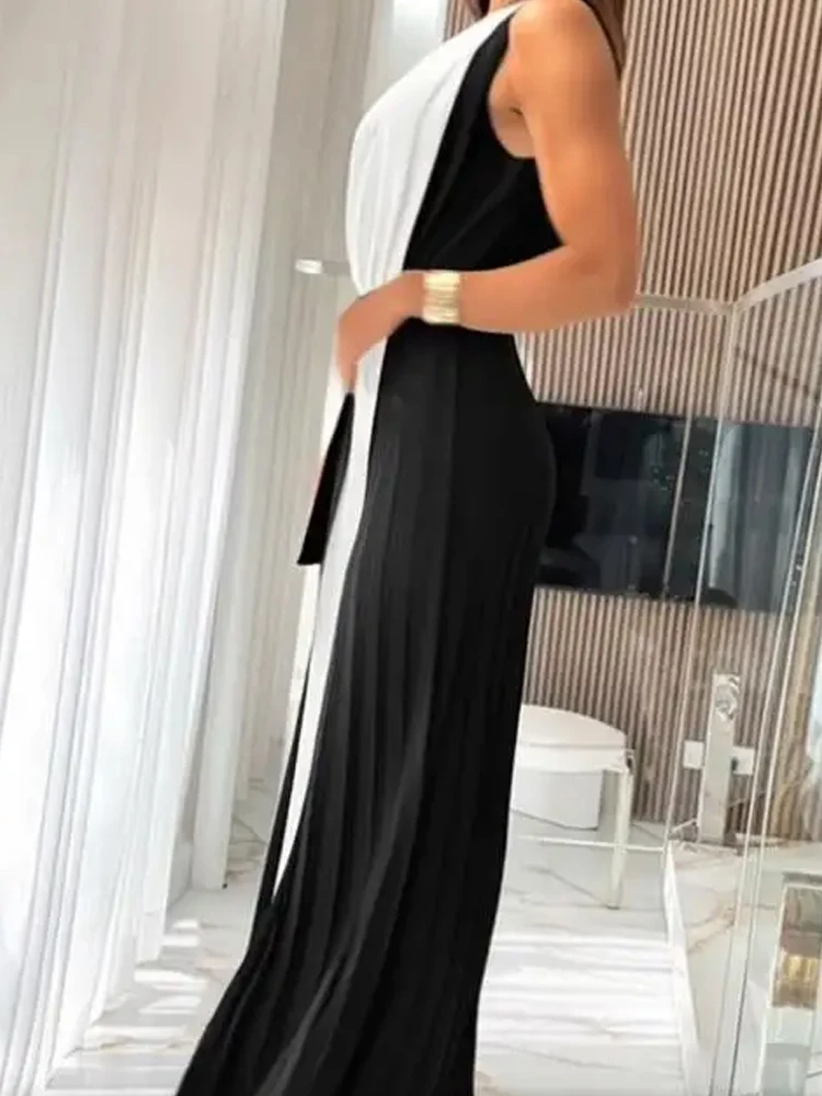 عادية أكمام واسعة الساق بانت مطوي طويل Playsuit أزياء من الدانتل متابعة الخصر رومبير أنيقة الخامس الرقبة اللون تصادم المرأة بذلة