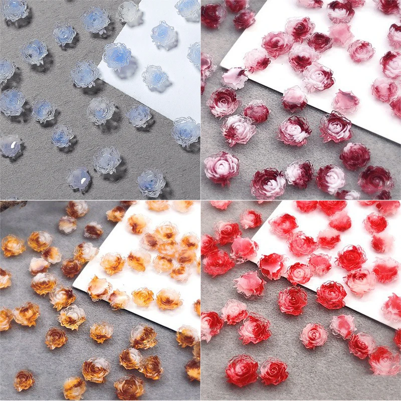 40/50pcs ขนาดผสมสีชมพู Rose ดอกไม้น้ําแข็งโปร่งใสเล็บ Rhinestone ตกแต่งแก้วเงาเล็บ Charms DIY อุปกรณ์แต่งเล็บ