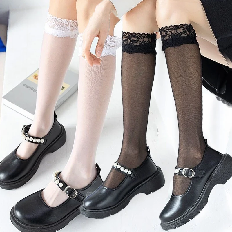 لوليتا الصيف الجوارب الحرير الركبة جورب أنبوب Jk الفتيات الجوارب الطويلة أبيض أسود تنفس عادية نصف جورب لوليتا جوارب الركبة النايلون #4