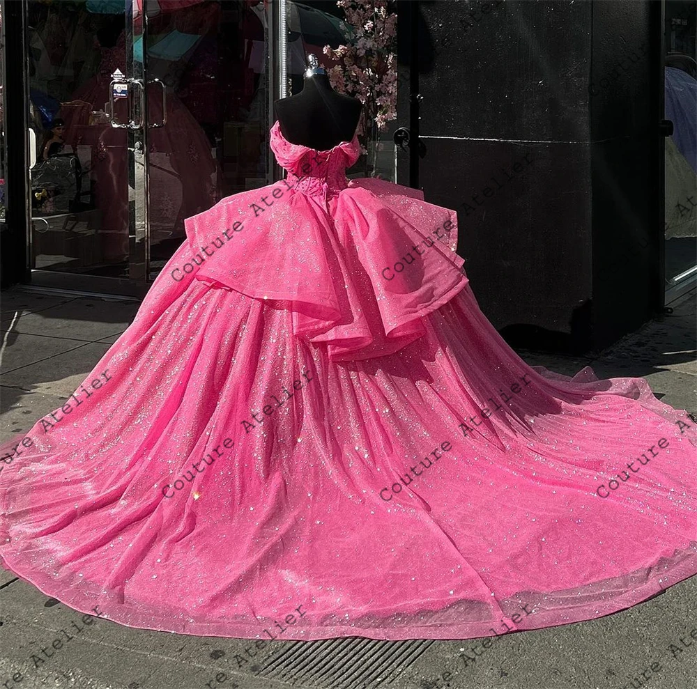 Rosa quente brilhante fora do ombro quinceanera vestido de baile 2024 cristal princesa espartilho doce 16 vestidos vestido de casamento personalizado