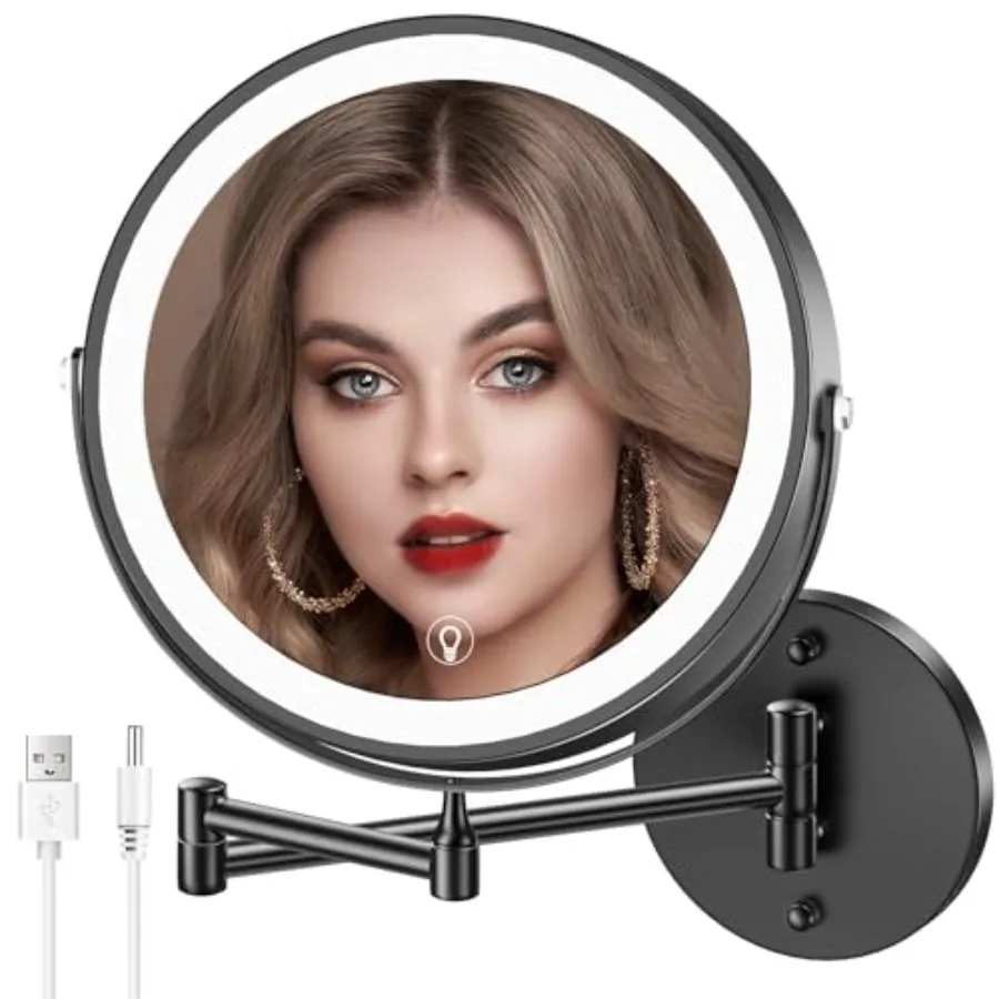 

Wall Mounted Lighted Makeup Mirror, 8" Rechargeable Double-Sided Light up Magnifying Mirror 1x/10x, 3 Color Led Vanity Mirror w