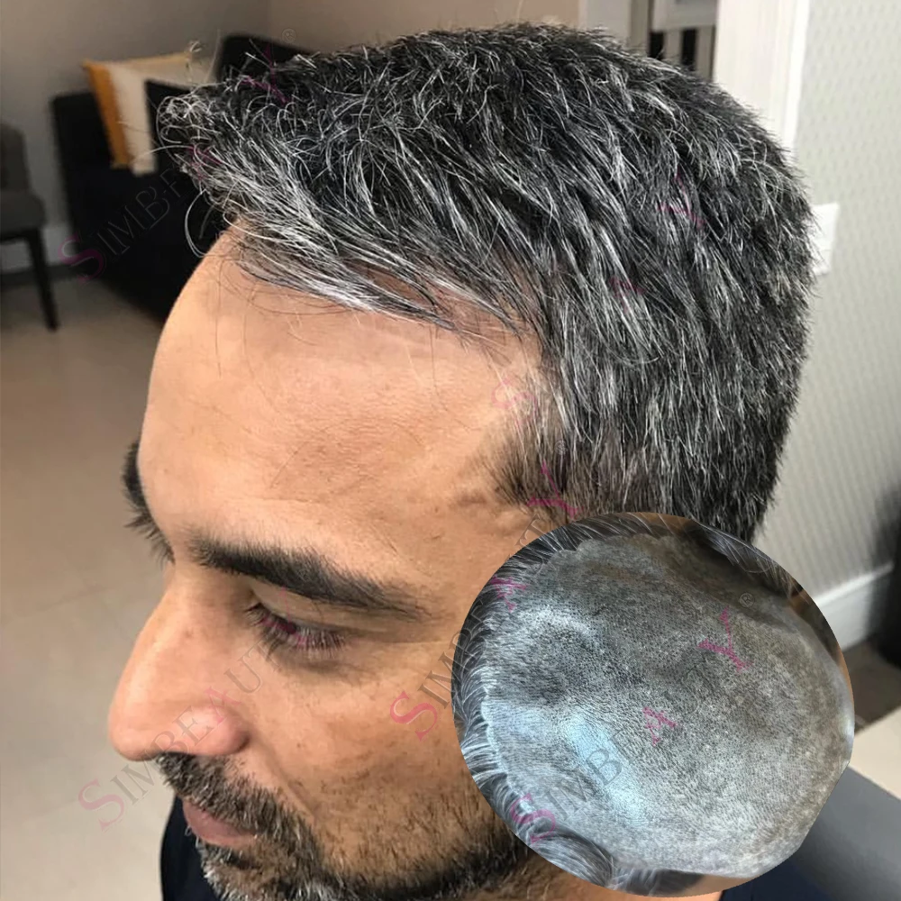 

Серый мужской прочный парик-система замещения волос из 100% натуральных волос с тонкой полиуретановой основой, имитирующий естественный вид