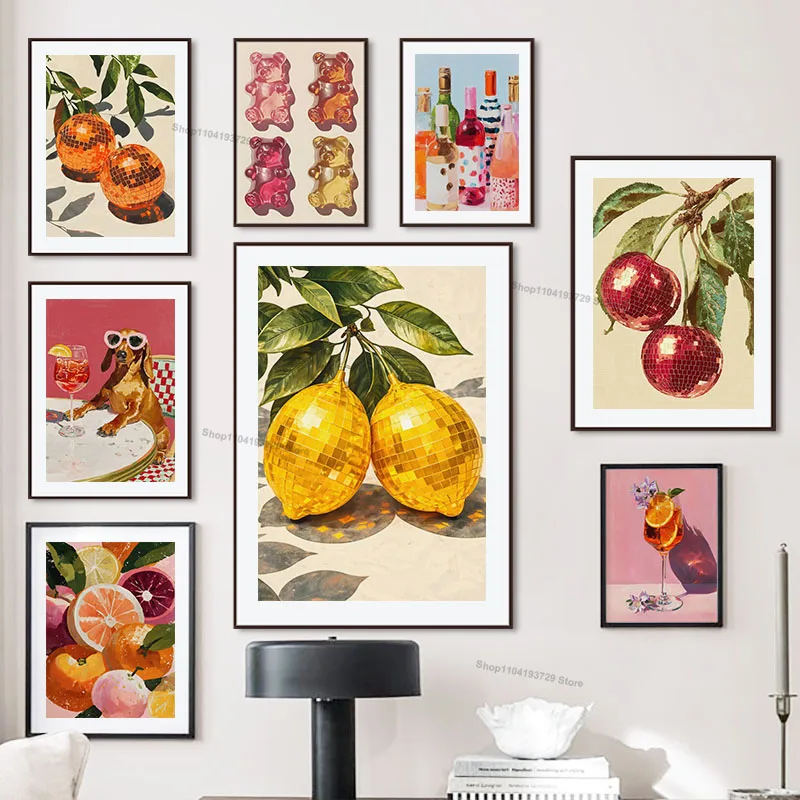 Retro Trendy Lemon Orange Dog Candy Wine Disco Ball Creative Poster Canvas Painting Wall Art Prints Bar Kitchen Home Room Decor