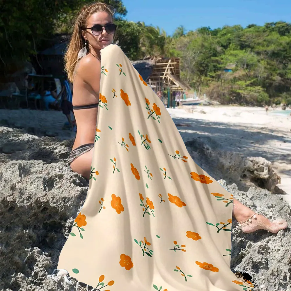 Beige Orange Tiny Floral Print Quick Drying Microfiber Beach Towel Lightweight for Swimming Camping Yoga - Bath Towel