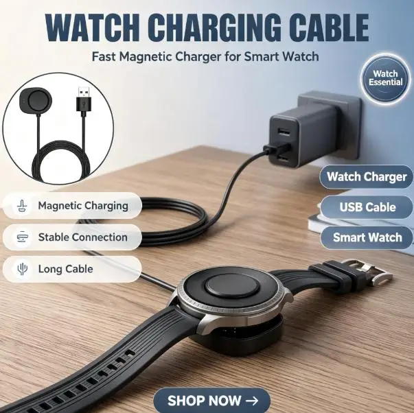 100cm Magnetic Smart Watch Charging Cable Auto‑Align Stable Full‑Copper Core PVC Charger Dock For Amazfit T‑Rex 3 Ultra