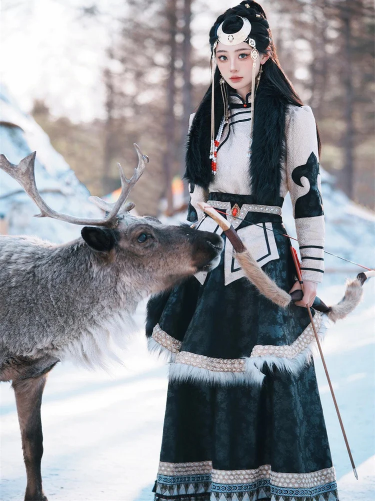 

New Ethnic Mongolian Long Sle Ensemble Traditional Inner Mongolia Tibet Minori Clothing Travel Photoaphy Costumes