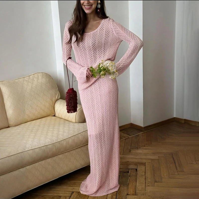 

Typhaland Vacation Hollow Knitted Dress Sets Women's Long Sleeve Top Sheer Sexy Long Skirt Casual 2 Piece Sets Female Fashion
