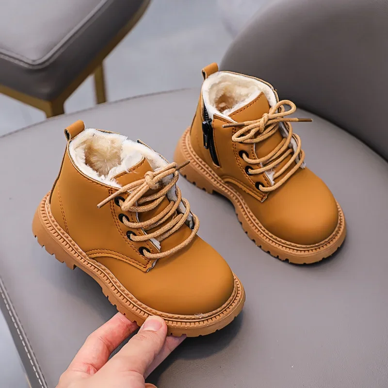 Autumn Boys Leather Shoes Fashion Solid Color Kids Ankle Boots Winter Warm Non-slip Children Girls Snow Boots