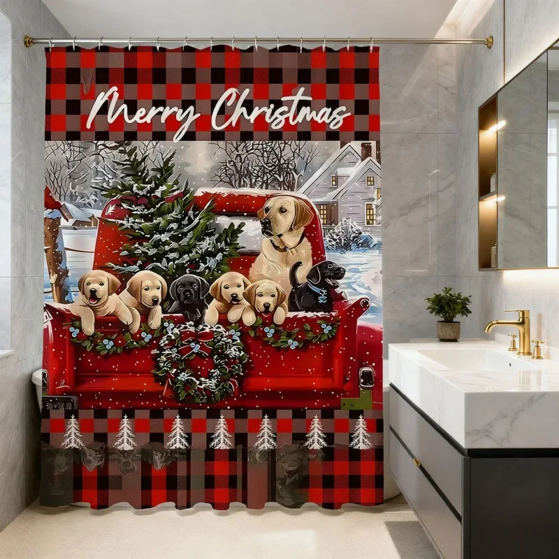 Christmas Shower Curtain Snowman Gingerbread Man Santa Xmas Tree Reindeer Waterproof Bath Curtain Holiday Decor w Hook