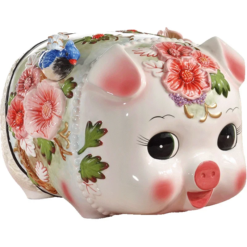 Ceramic Piggy Bank Giant Coin Money Bank for Savings Cute Cartoon Pig Design Home Stress-Relieving Gift
