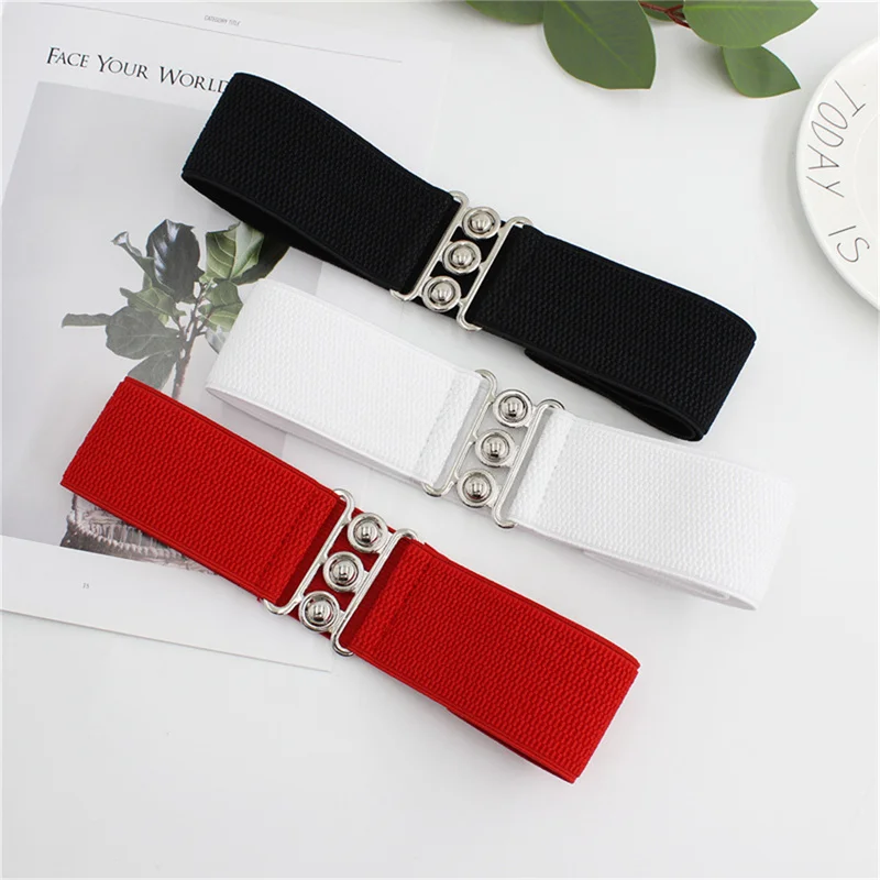 Women's Elastic Pair Buckle Belt Elastic Wide Belt Cummerbund Strap Belt Waist Decorative Waistband For Dresses Solid Color