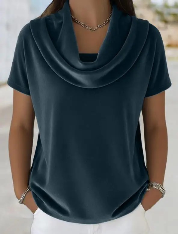 

Women's T-Shirt Summer New Fashion Trendy Party High Street Style Solid Color Simple Swinging Collar Slim Short Sleeve T-Shirt