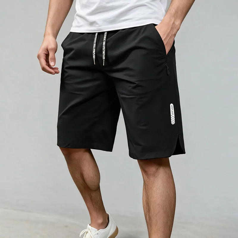 Men Quick Dry Sports Shorts Drawstring Elastic Waist Zipper Pockets Summer Running Training Outdoor Beach Casual Trousers
