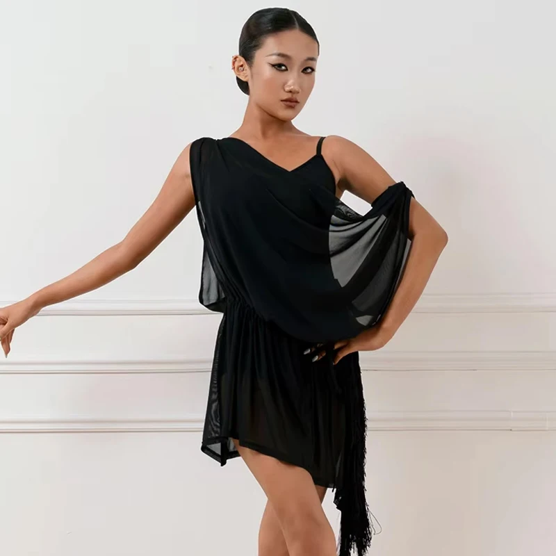 2026 Black Latin Dance Dress Women Sleeveless Mesh Fringe Dress Loose Training Clothes Adult Latin Performance Stage Wear 5976