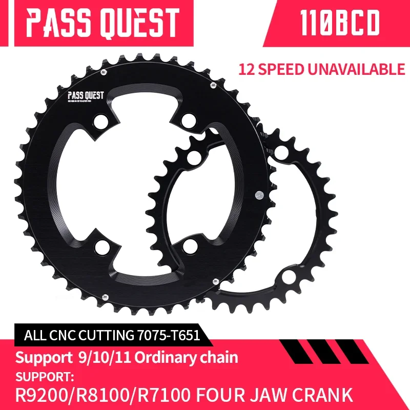 PASS QUEST-Sprocket AERO Crankshaft Set, Round Black, 9-11 Speed, Road Bike, Gravel Bike, BCD110, R8100, R7100, R9200, 2X, 46T,