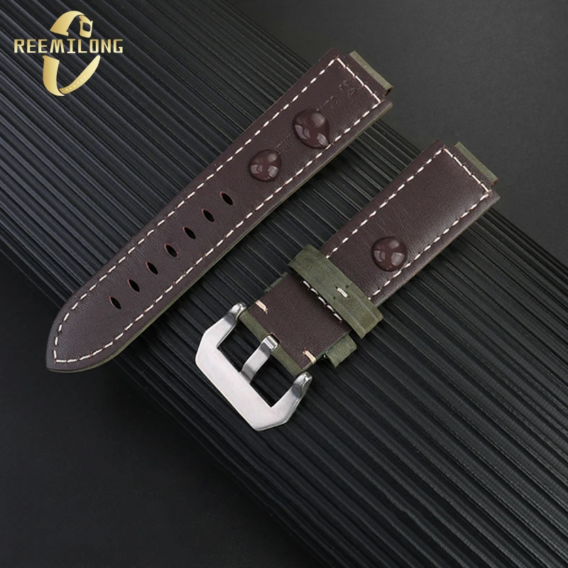 สายนาฬิกาหนังวัวแบบสายรัด24*16มม. สายนาฬิกาข้อมือวินเทจลายสีดำสีน้ำเงินสีน้ำตาลเข้มสีกากีสีน้ำตาลเข้มสำหรับ T2N720 T2N721 Timex