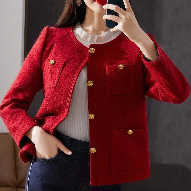 Women Red Tweed Blazers New Autumn Winter O-Neck Single-Breasted Suit Small Fragrance Jacket Female Korean Elegant Lady Coats