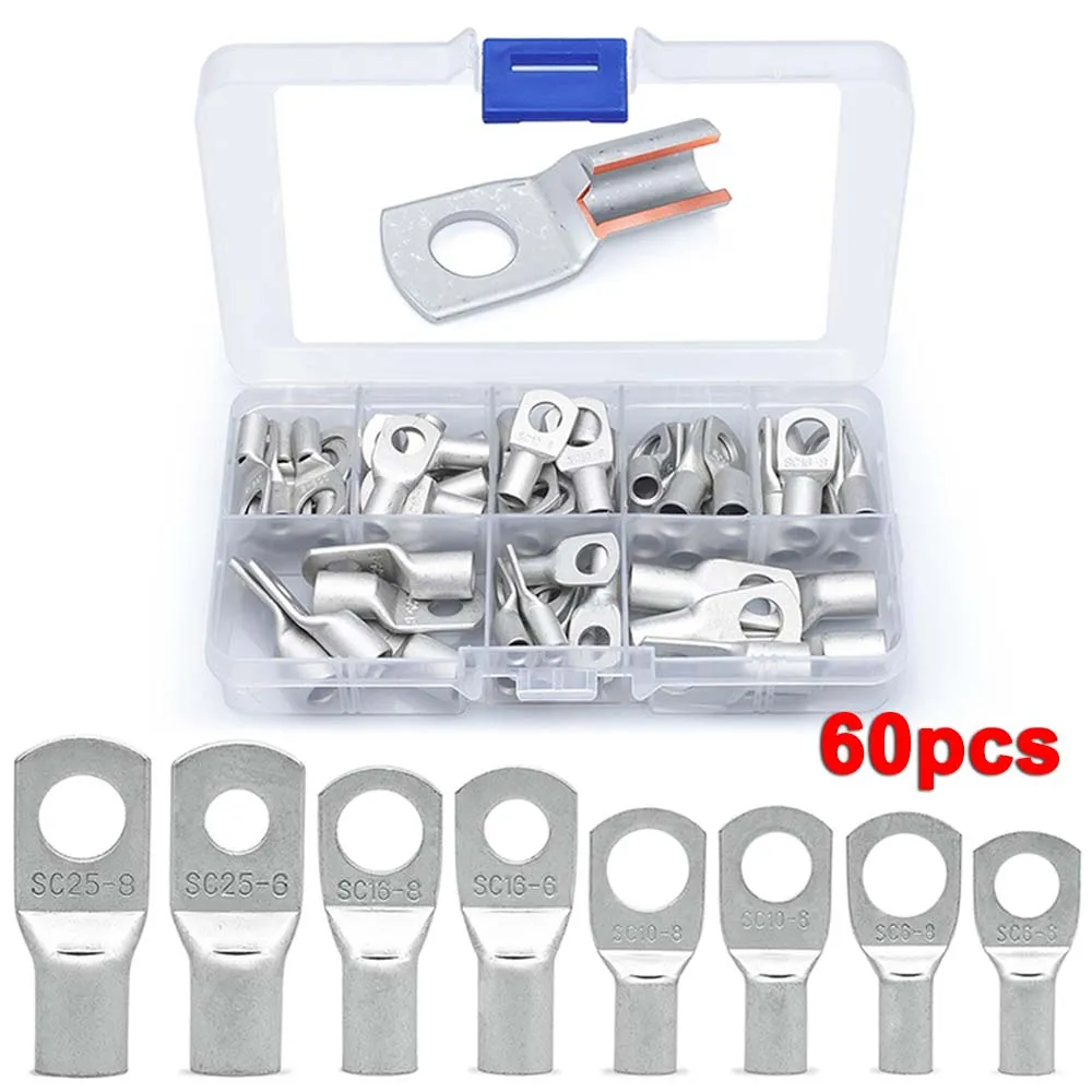 60 PCS Tinned Copper Wire Lugs Kit - Battery Lugs - Crimp Battery Cable Ends - Ring Terminals - 10-4 Gauge