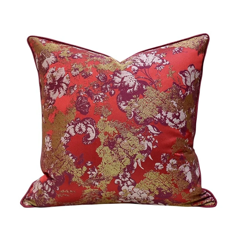 Home Decorative Chinese Red Flowers Jacquard Woven Pillow Case Square 45x45cm Armchair Lumbar Cushion Cover 1 Piece pack