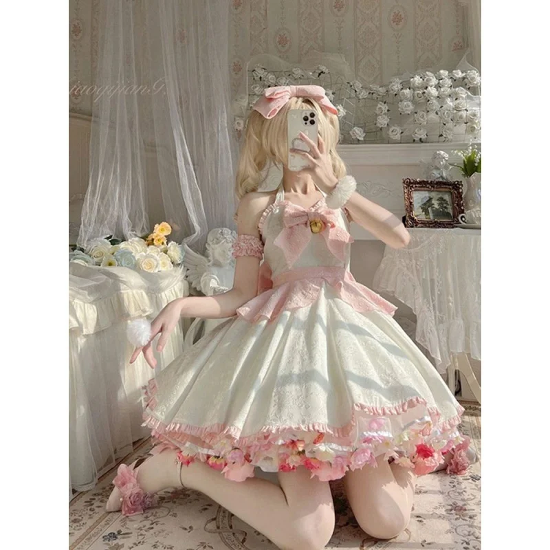 2023 Flower Wedding Dress Summer Girl Feeling Lolita Pink Bow Dress Women Hanging Neck Strap Jacquard Lolita Dress