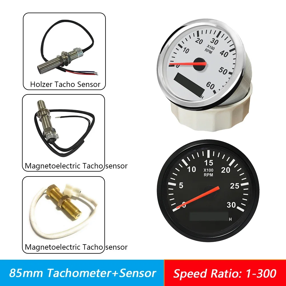 85mm Car Boat Tacho Sensor Marine Tacho Meter with LCD Hourmeter 3000 4000 6000 8000 RPM  Boat Tachometer 12V 24V Red Backlight