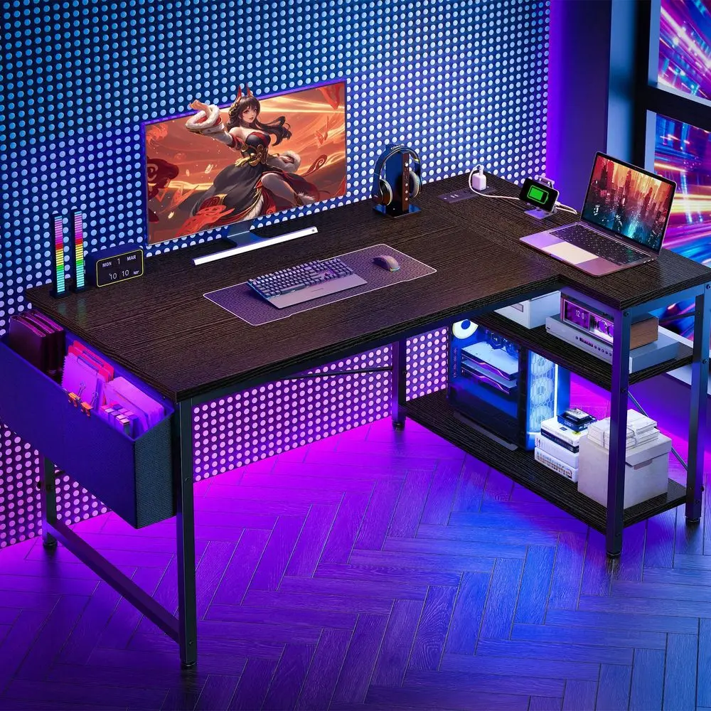 

48 Computer Desk With Power Outlets, Gaming Desk With Reversible Shelves, Office Desk For Corner Space, L Shaped Desk For Bedro