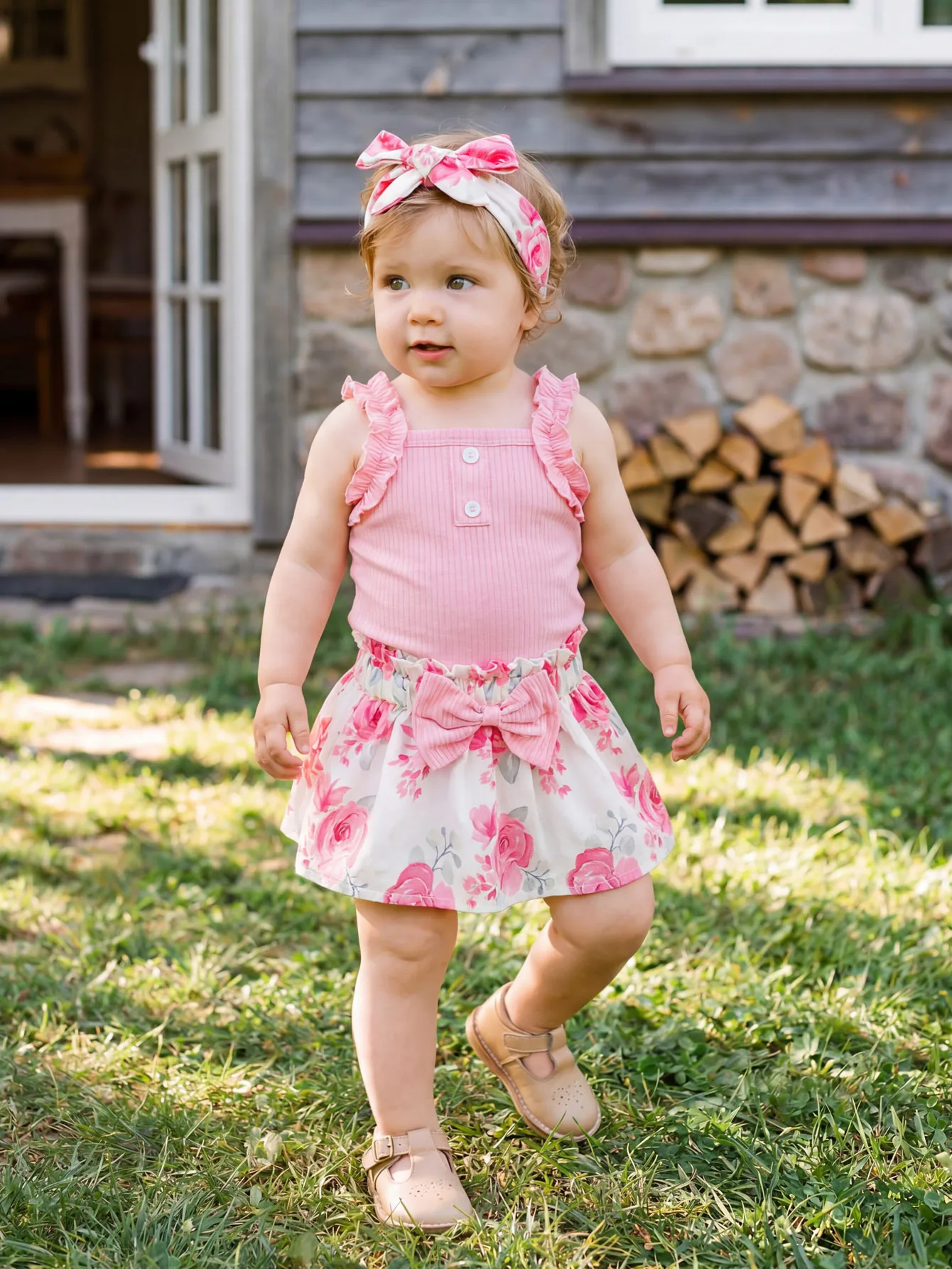 0‑9M Baby Girl Floral 3‑Piece Set, Pink Ruffle Top, Printed Skirt & Headband
