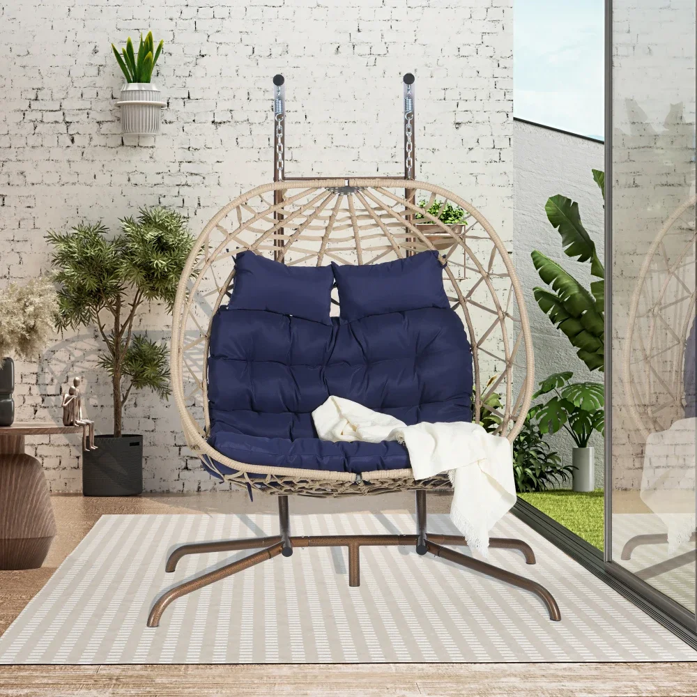 Doppelter Eierstuhl mit Ständer zum Aufhängen, für drinnen und draußen, Korbgeflecht, Rattan, Terrassenkorb, Eierschaukelstuhl, Hängematte, Eierstühle mit UV-Resista