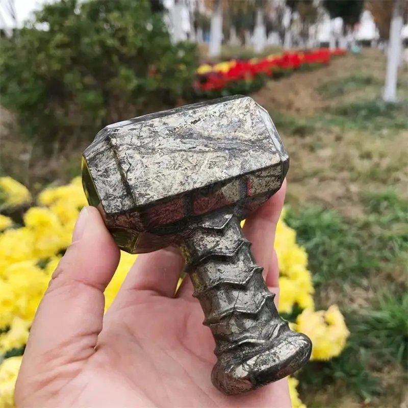 10cm Natural  Pyrite Hammer Cartoon Carving Quartz Crystal Hand Carved Fashion Home Decor Christmas Gift Birthday Present 1pcs