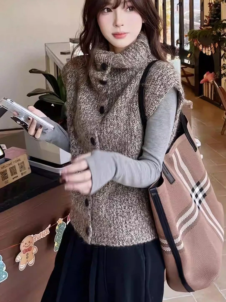 

Korean High Collar Knitted Vest Top Women's Fashion Set Spring 2026 Warm Casual Long Sleeve Two-Piece Suit for Adults