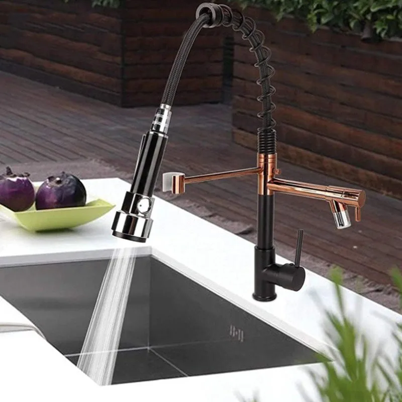 Double-purpose black gold spring kitchen faucet pull-type multi-function pressurized rotating vegetable basin sink faucet