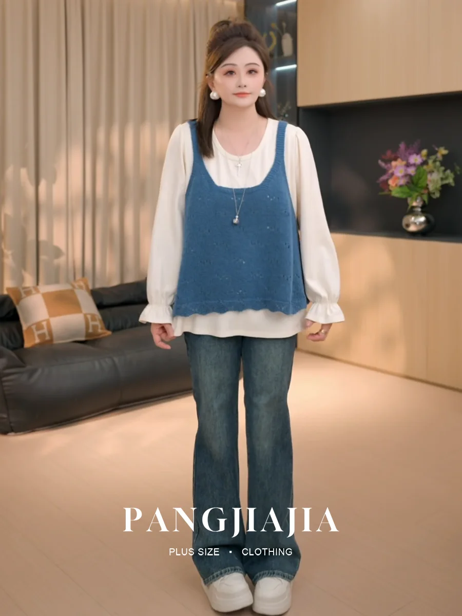 

Женский вязаный комплект больших размеров «Черничный панкейк»: летняя футболка и вязаный жилет, комплект из двух предметов, повседневный стиль, мода весеннего сезона