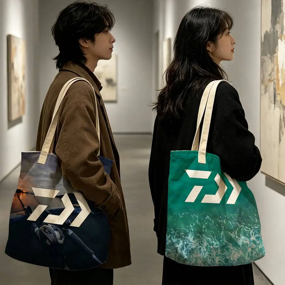 Fishing Tackle Brand D-Daiwa Women Lightweight Cotton Linen Blend Cotton Polyester Tote Bag Purse For City Shoppin