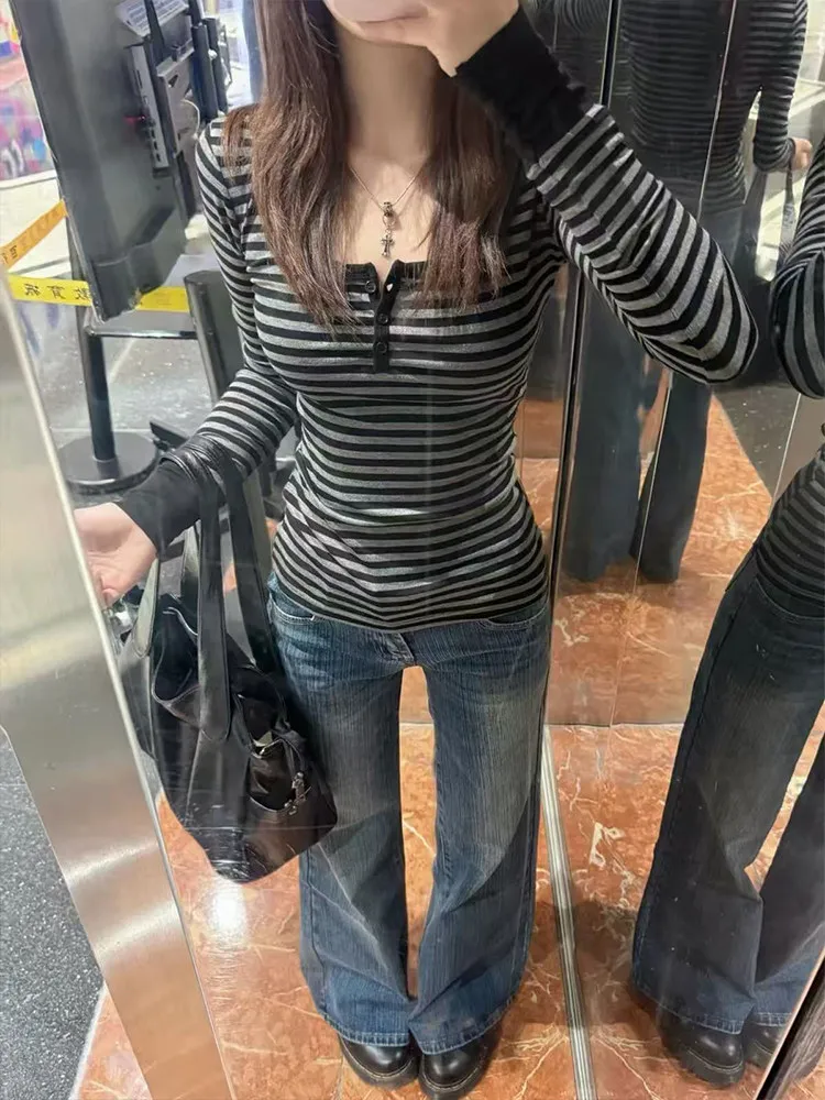 MosesQueen Queen Black Grey Stripe U-Neck Long Sleeve T-Shirt Spring Autumn Winter Inner Wear Base Shirt Top Women's Fashion