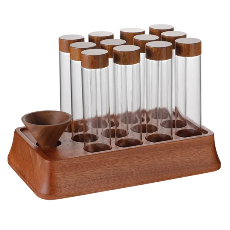 4/6/12 Coffee Beans Storage Container Tube with Wood Funnel Display Rack Glass Bottle Single Dose Coffee Accessories Coffeware