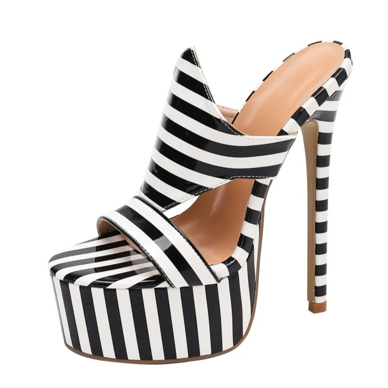 

Women’s Black and White Striped Platform Mules, Open Toe Stiletto High Heels for Party, Club, Prom and Evening Wear