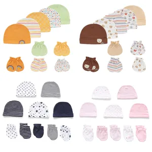 5 Sets Pure Cotton Baby Hat+Gloves Shower Gifts Newborn Fetal Caps with Anti-scratch Mittens Boy Girl Hospital Hat Bonnet Kit