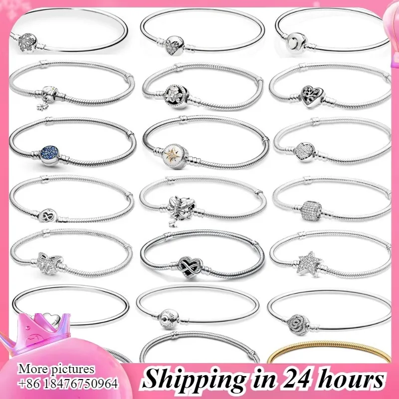 

S925 Silver Classic Bracelet – Sun, Moon, Star, Crown, Snake Bone & Beads, Women's DIY Jewelry Gift