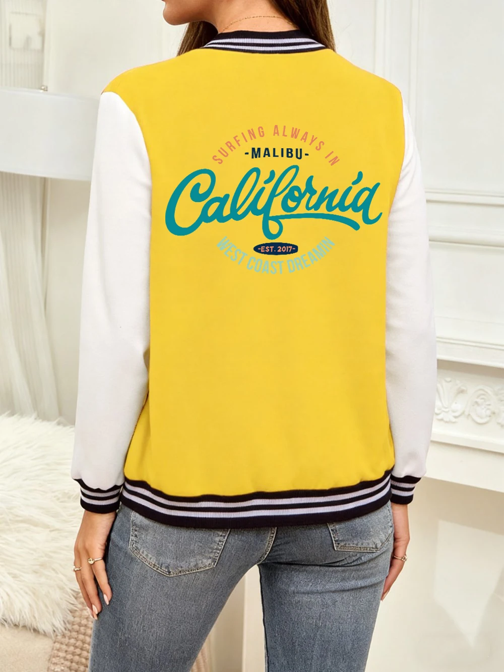 

California West Coast Malibu Prints Baseball Jersey Women Comfortable Loose Coats Fleece Warm Soft Jackets Casual Pocket Clothes