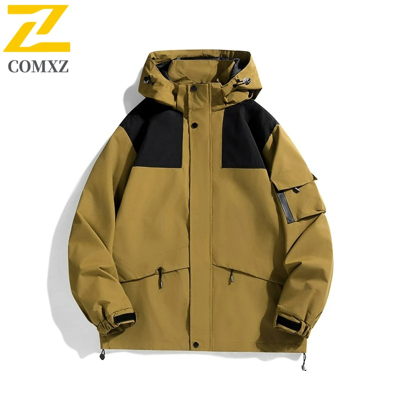 COMXZ Mens Jacket 2025 Classic Hooded Outdoor Fishing Waterproof Coat Casual Mountaineering Wear Resistant Spring Autumn Wear