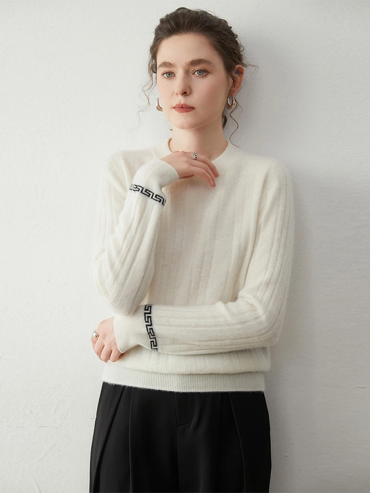 

Новый шикарный осенне-зимний женский базовый трикотаж из 100% кашемира в полоску, утягивающий свитер с круглым вырезом, пуловер с манжетами, сложенный дизайн, топ