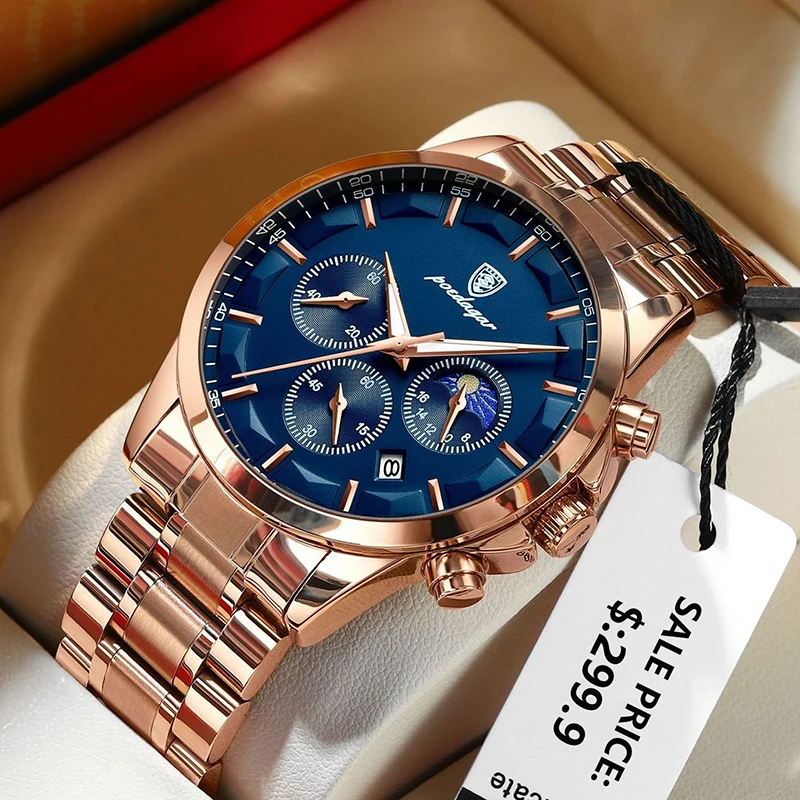 POEDAGAR Rose Gold Sport Watches Men Brand Waterproof Luxury Luminous Quartz Watch For Man Stainless Steel Stopwatch Clocks 2023