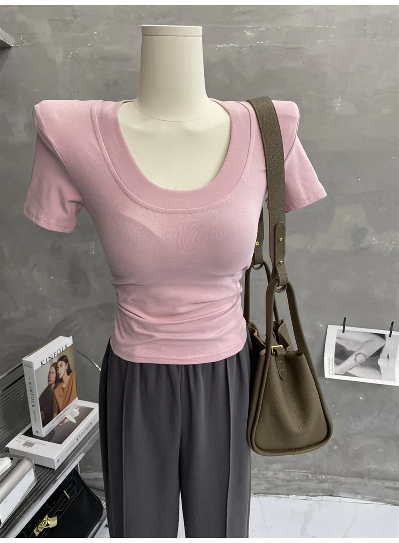 

Женская футболка больших размеров с подплечниками, коротким рукавом, облегающая, однотонная, базовая, для ношения под одеждой, в корейском стиле, для повседневной носки