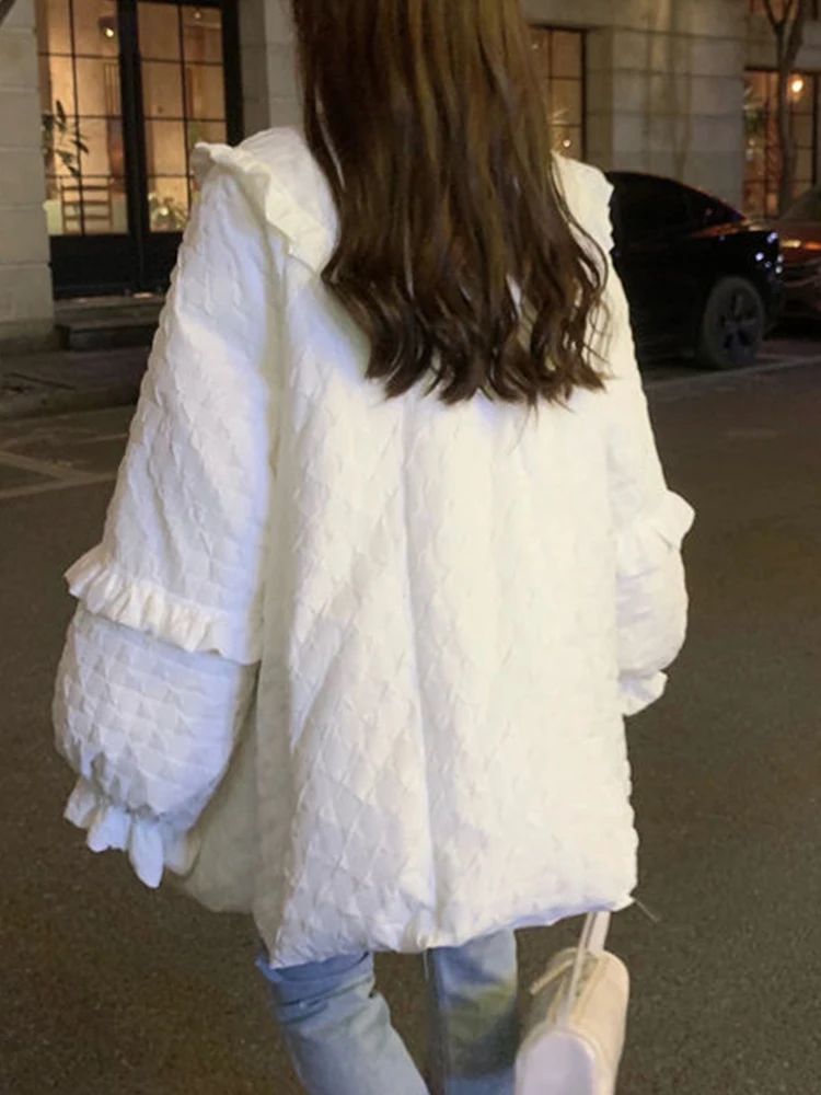 Oversized Down Jacket Women White Thick Warm Parka Female Korean Fashion Kawaii Padded Coat Ladies Winter Ruffle Cotton Jackets